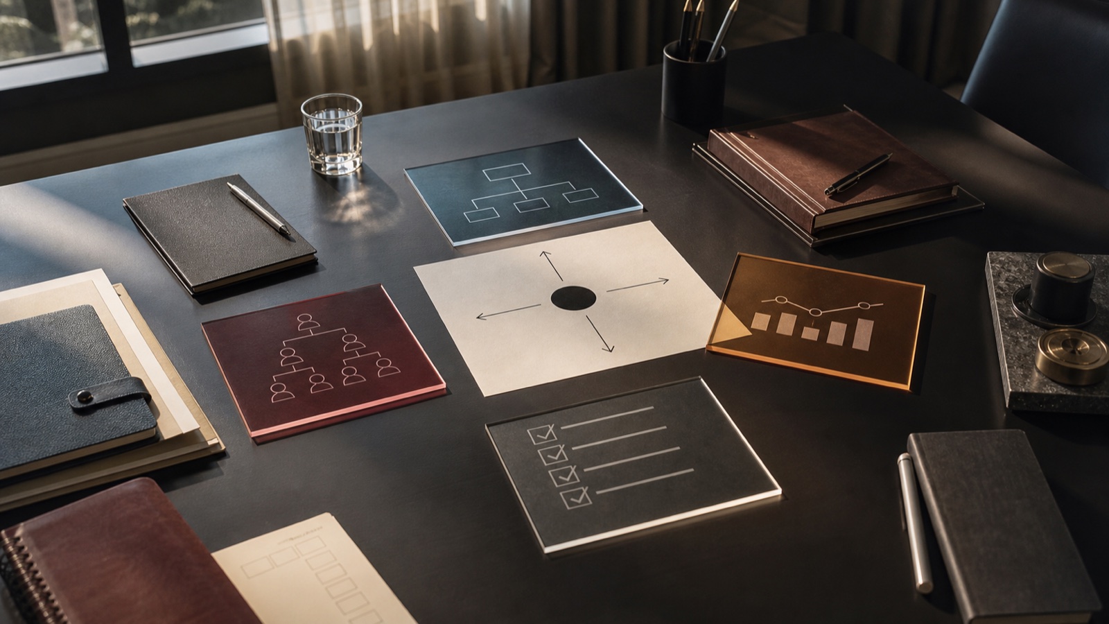 A quiet advisory table where one business signal is examined through several role lenses.