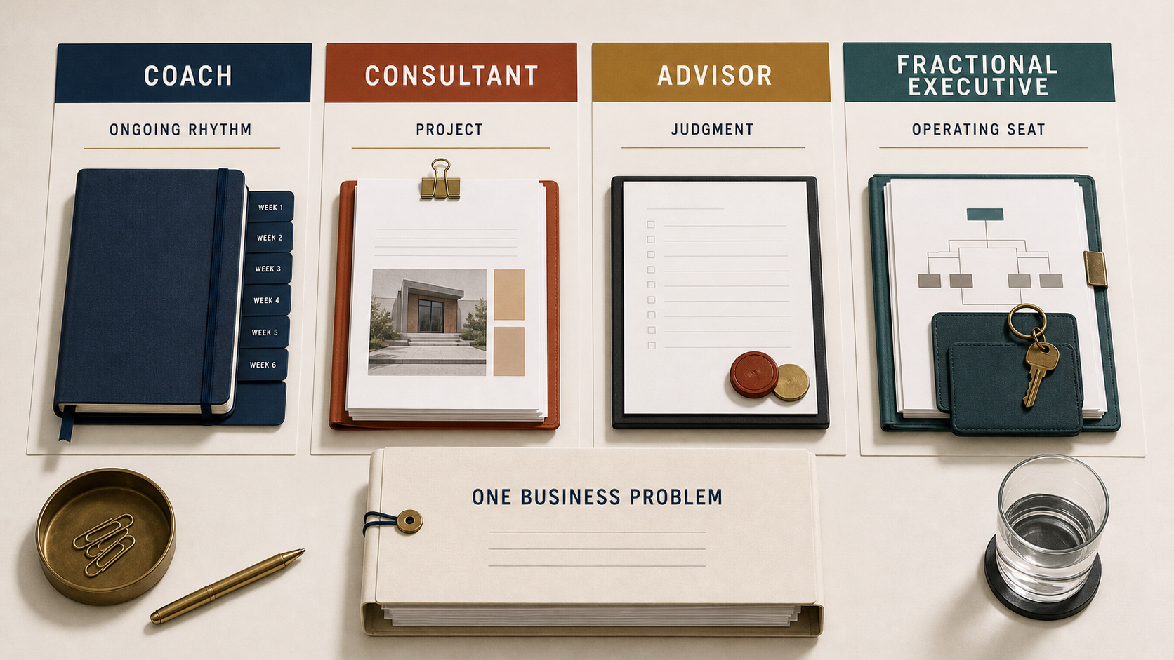 One business problem compared across coach, consultant, advisor, and fractional executive work modes.