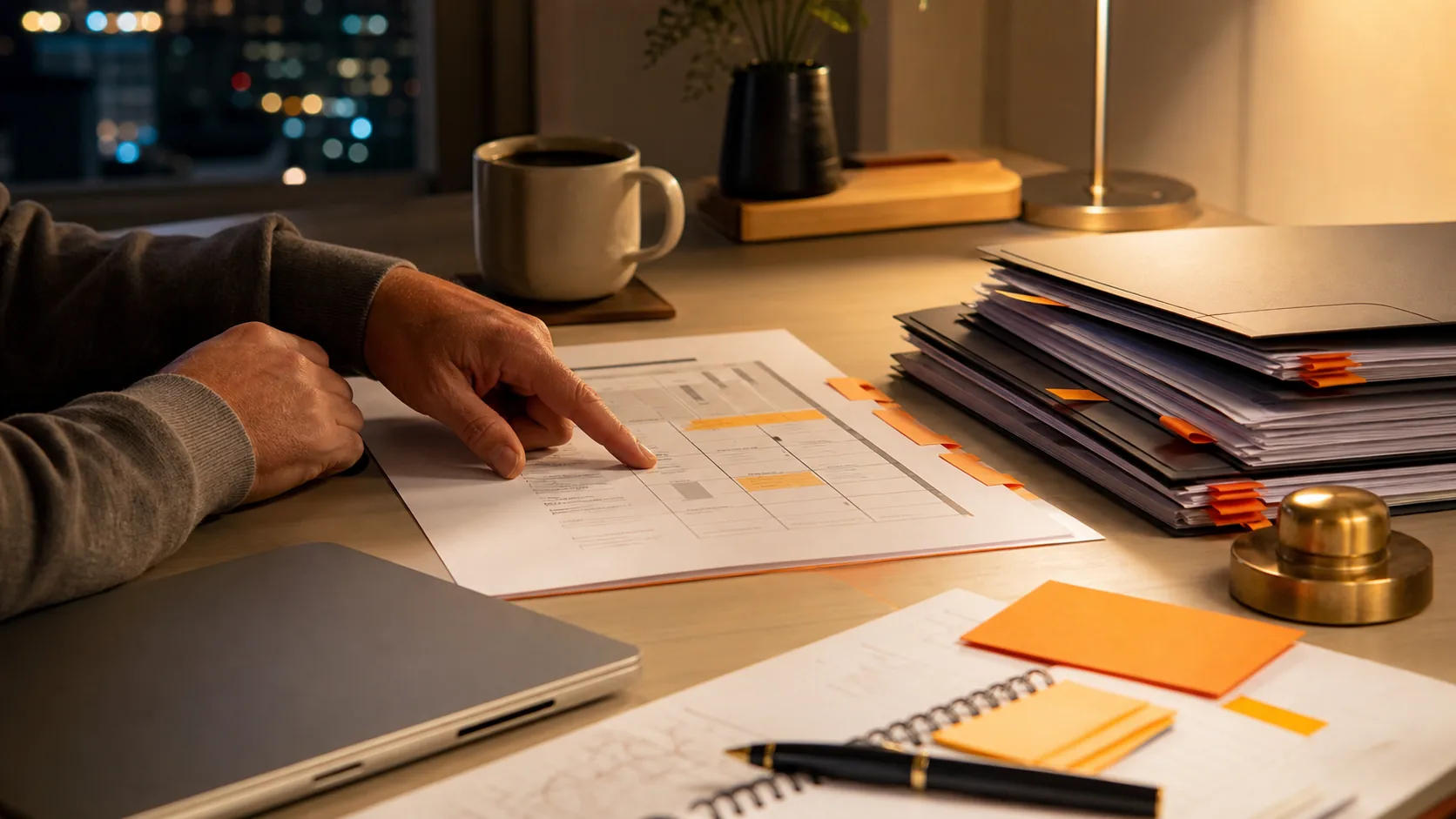 Warm late-night owner desk with proposal stack, business problem sheet, orange tabs, and a hand pointing at the unresolved decision.