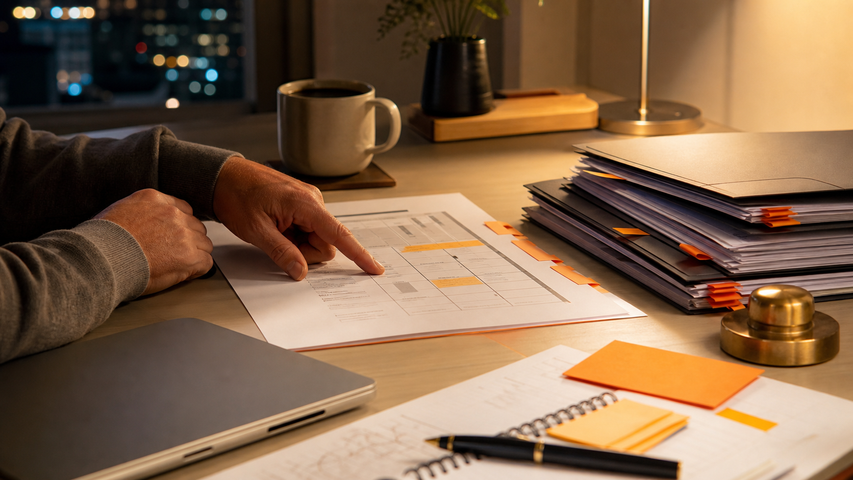 Warm late-night owner desk with proposal stack, diagnostic sheet, orange tabs, and a hand pointing at the unresolved decision.