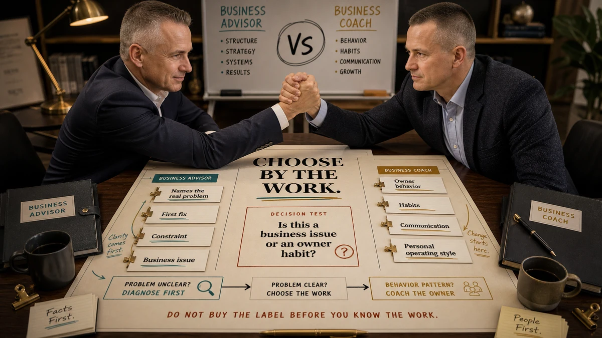 Premium bright diagnostic board comparing business advisor and business coach by the work each one should actually do.