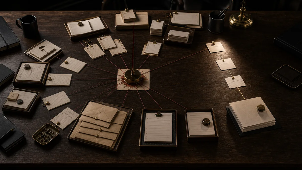 Business workflow scene where scattered advice paths pull against one unresolved business problem.