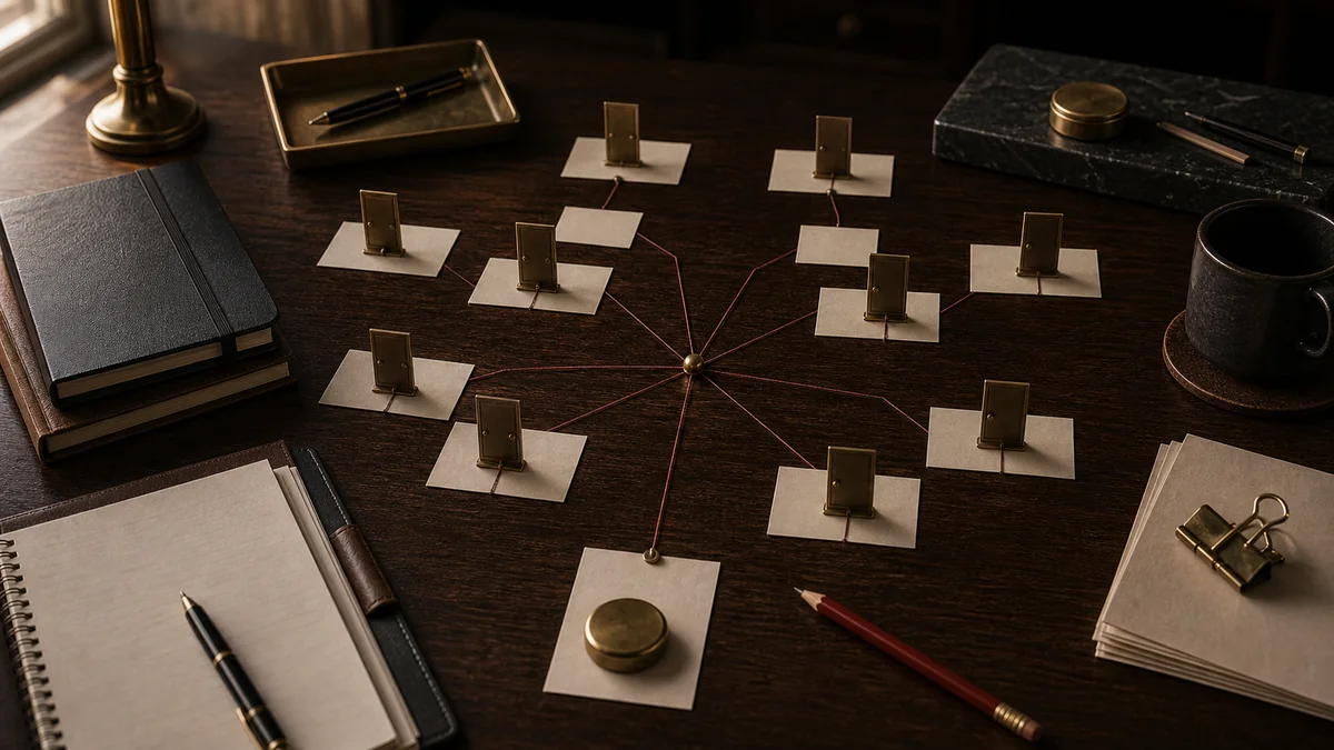 Dark desk scene with option cards and red threads converging into one decision point.