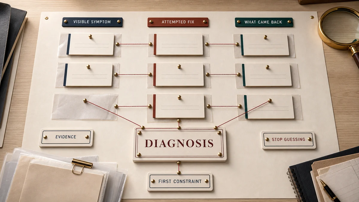 Premium diagnostic board with evidence cards, repeated fixes, owner pressure, and one first-constraint plate sorted into a clean business diagnosis.