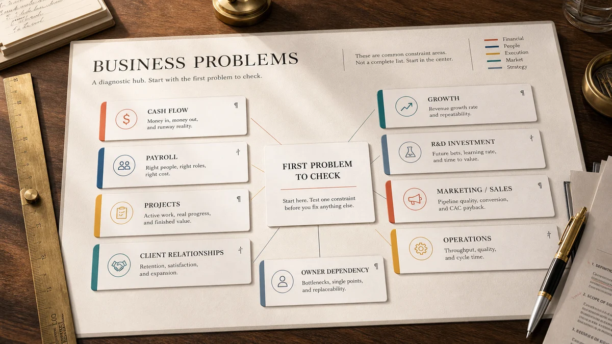 Premium bright diagnostic board showing common owner problems: cash flow, payroll, projects, client relationships, growth, R&D investment, marketing and sales, operations, and owner dependency sorted around one first problem to check.