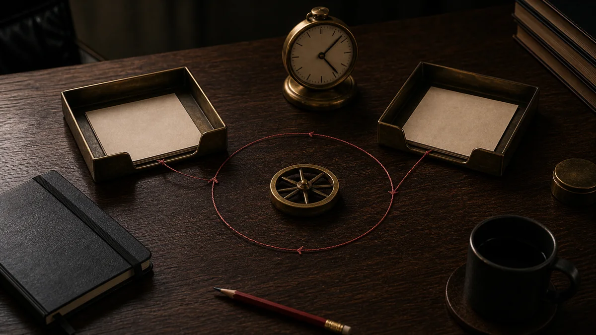 Dark desk scene with a wheel trapped in a red-thread loop between work trays.
