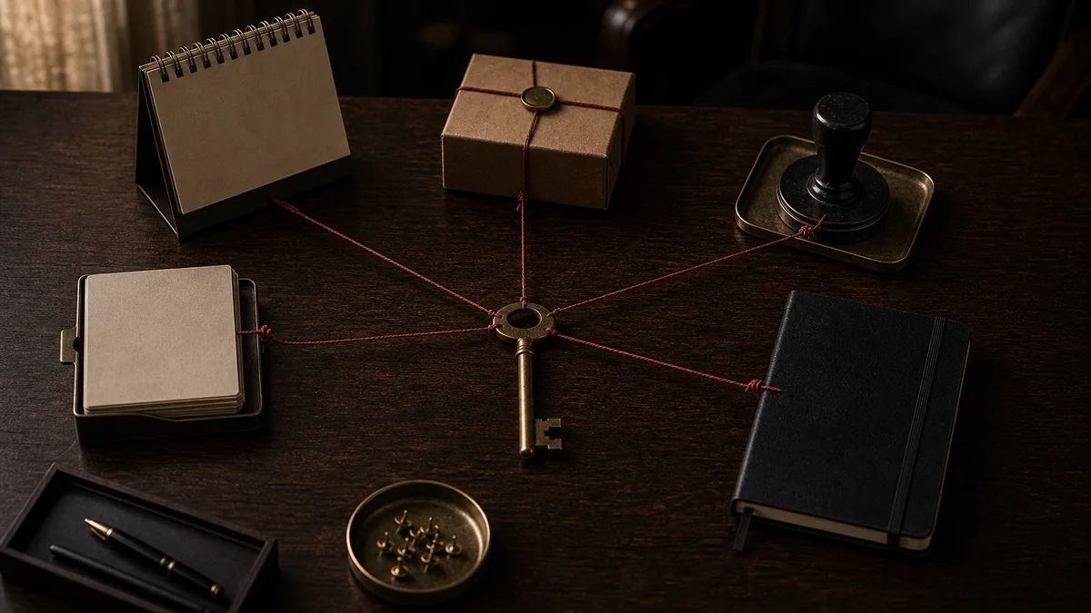 Dark desk scene with one key holding red-thread tension across business objects.