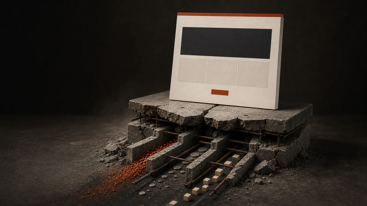 A polished website facade sitting on a cracked business foundation before a rebuild starts.