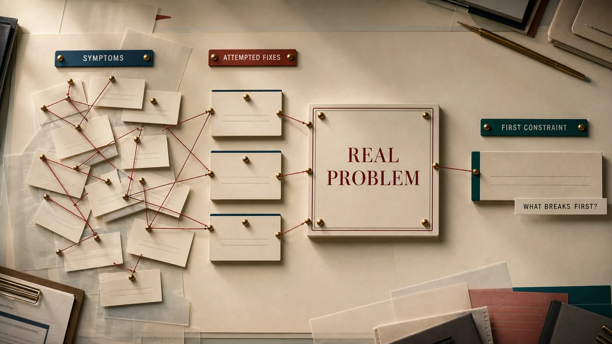 Premium diagnostic board where messy symptoms and attempted fixes are sorted into one real business problem, with a clear first-constraint test.