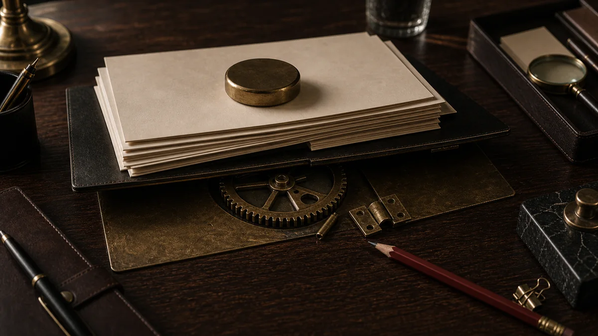 Dark desk scene with campaign papers hiding a broken gear underneath.