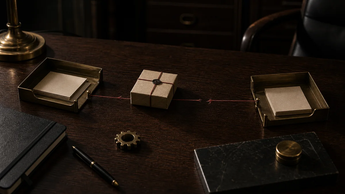 Dark desk scene with trays, package, gear, and a broken handoff gap.