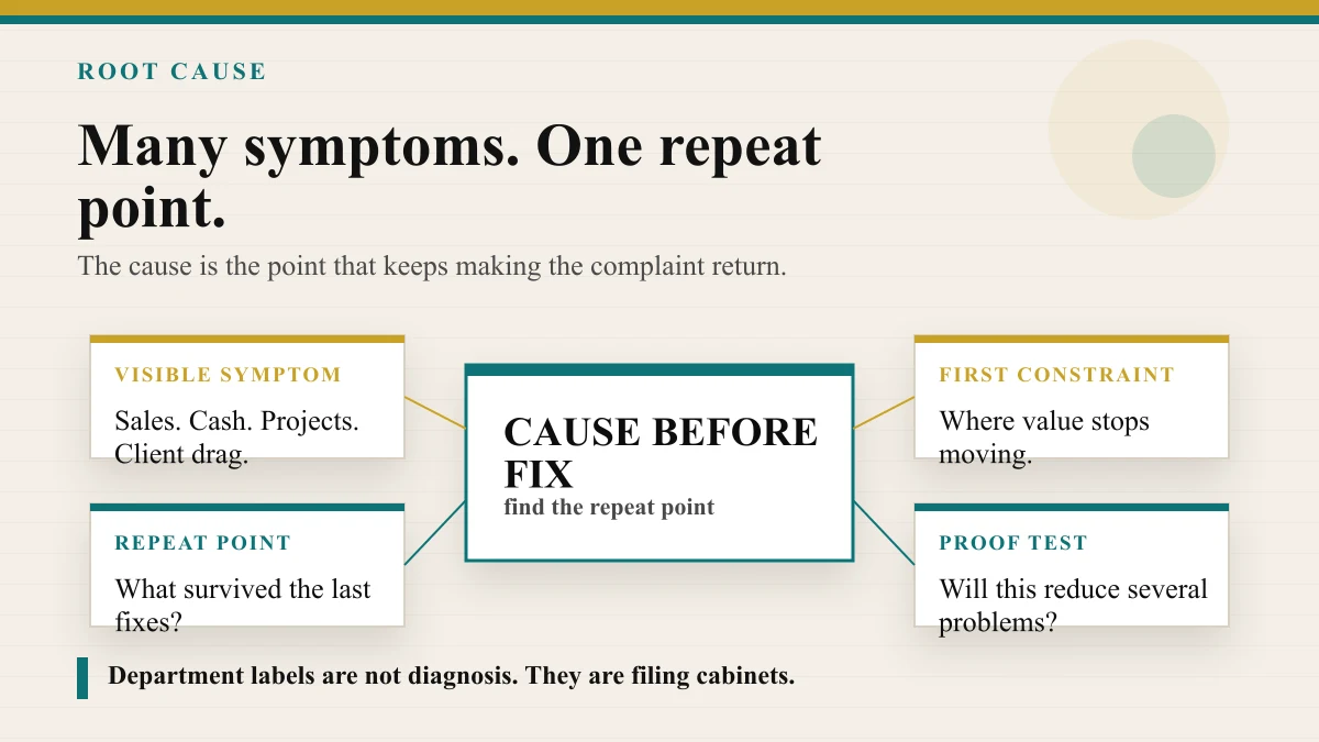 Premium bright root-cause diagnostic board with symptoms from sales, cash, clients, projects, and owner decisions sorted toward one first constraint.