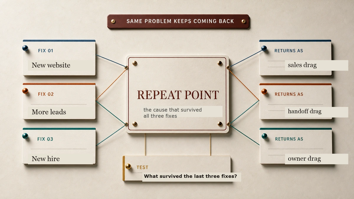 Premium diagnostic desk with three attempted fixes pinned to one recurring business problem, showing the same issue returning through different labels.