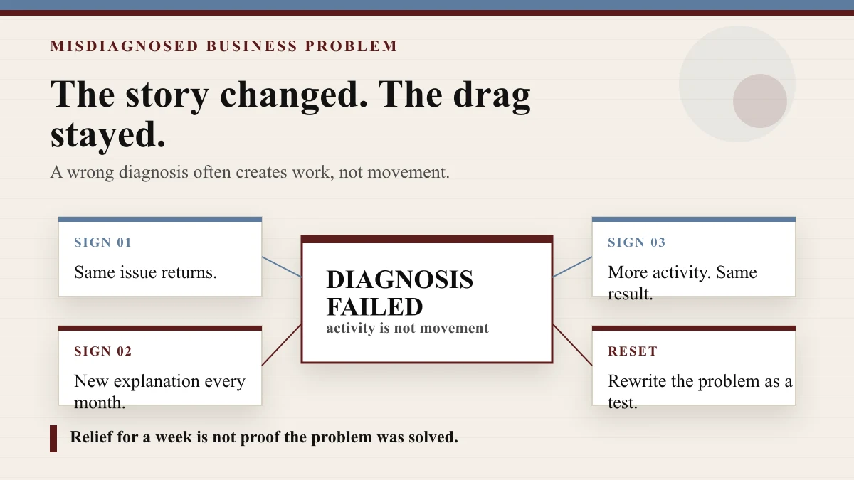 Premium bright misdiagnosis board showing new explanations piling up while the same business drag remains in the center.