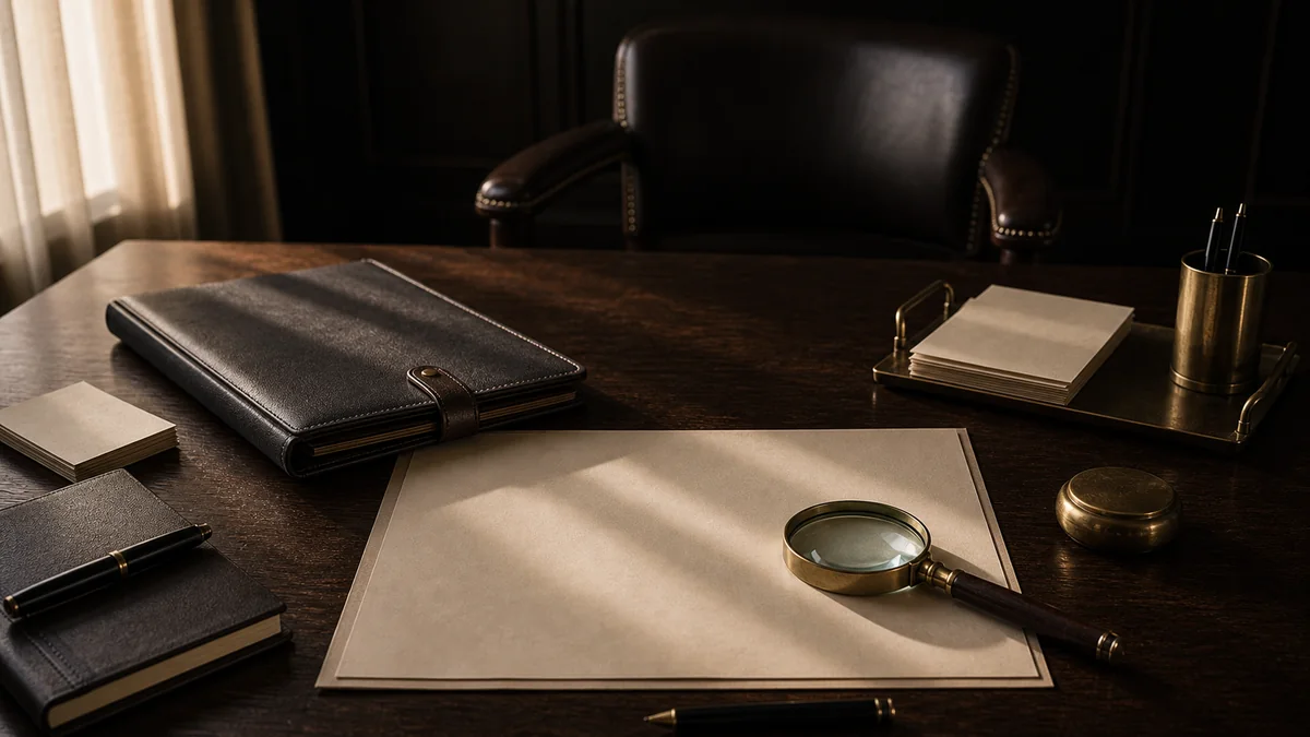 Dark desk scene with an empty chair, closed folder, diagnostic sheet, and magnifying glass.