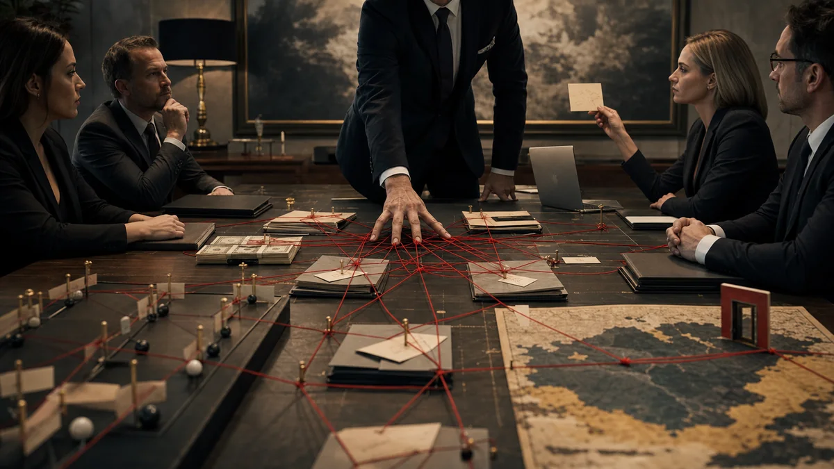 Premium business diagnostic scene with an owner over-controlling the table, stalled team ideas, cold follow-up cards, tangled decision threads, and a market map closing.