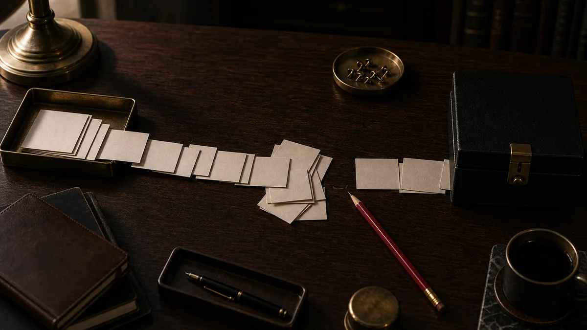 Dark desk scene with blank lead slips piling up at a gap before a closed box.