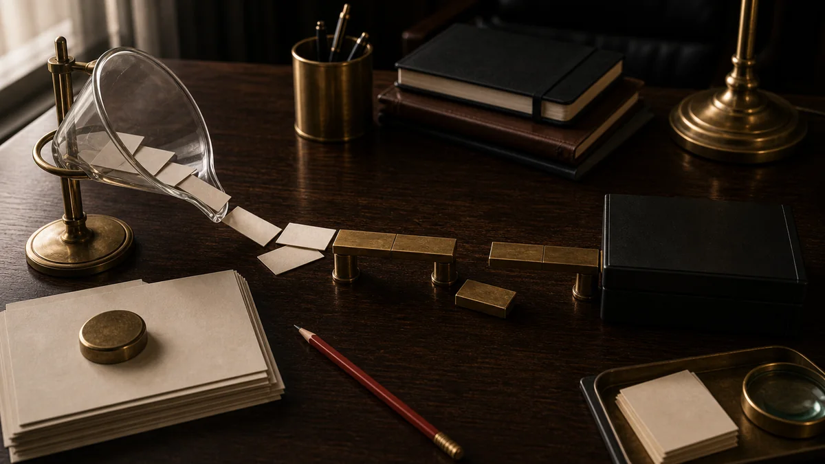 Dark desk scene with blank slips stopping at a missing brass bridge before the buyer path.