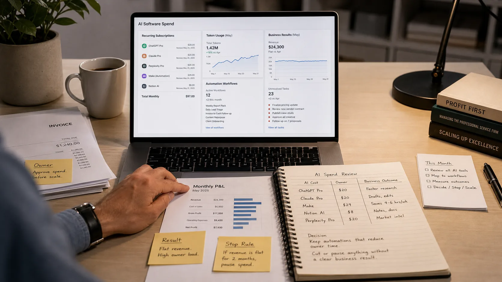 AI spend dashboard, invoices, result check, owner notes, and monthly P&L showing tool usage rising while revenue and owner load stay flat.