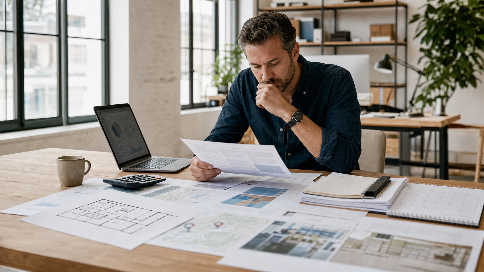 Business owner reviewing expansion plans, cash timing, site plans, hiring notes, and current business data before committing to growth.