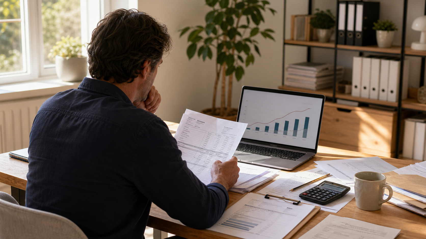 Business owner reviewing supplier invoices, payroll papers, a margin worksheet, a laptop cost chart, and calculator before changing prices.