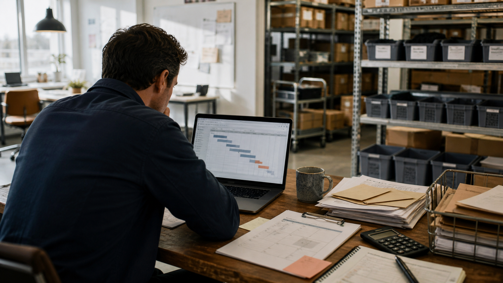 Business owner reviewing supplier delay, inventory bins, purchase orders, delivery timeline, calendar, and calculator in a small operations office.