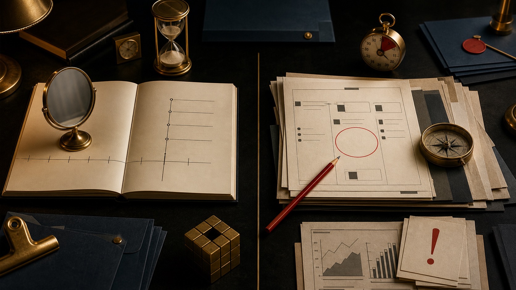 A coaching notebook and mirror beside a live business decision dossier with a red risk mark.