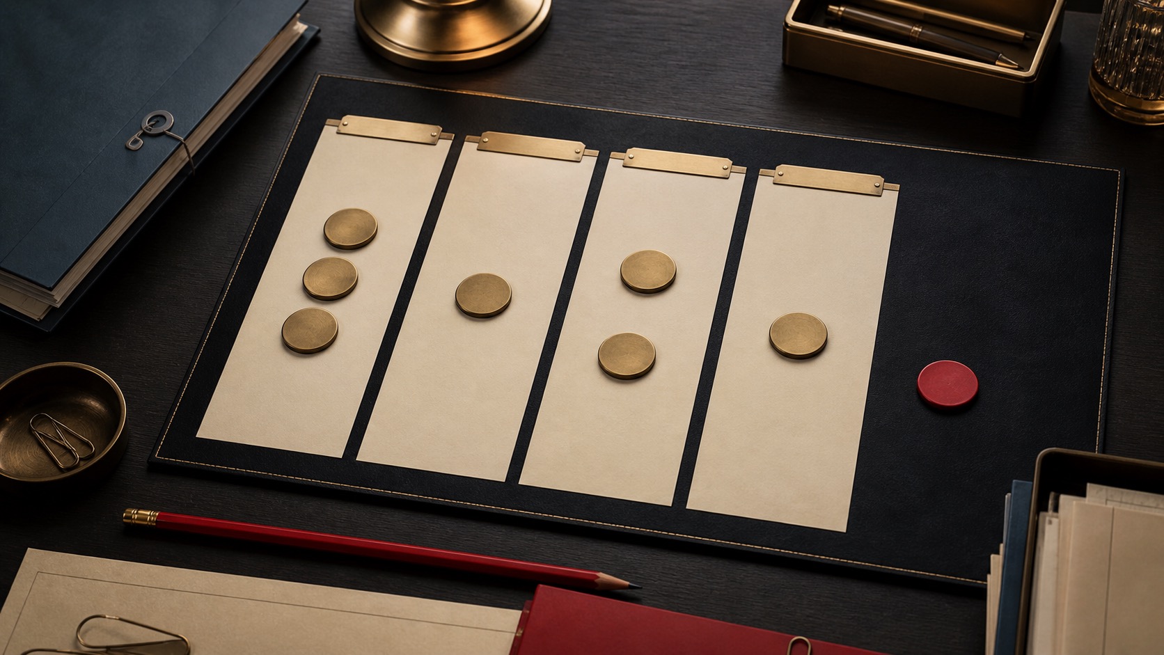 Blank authority lanes with brass tokens and one red token outside the decision system.