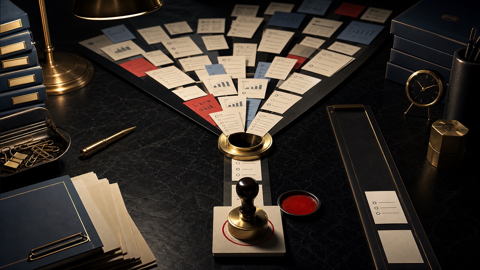 Decision cards funneling through one approval point on a founder bottleneck desk.
