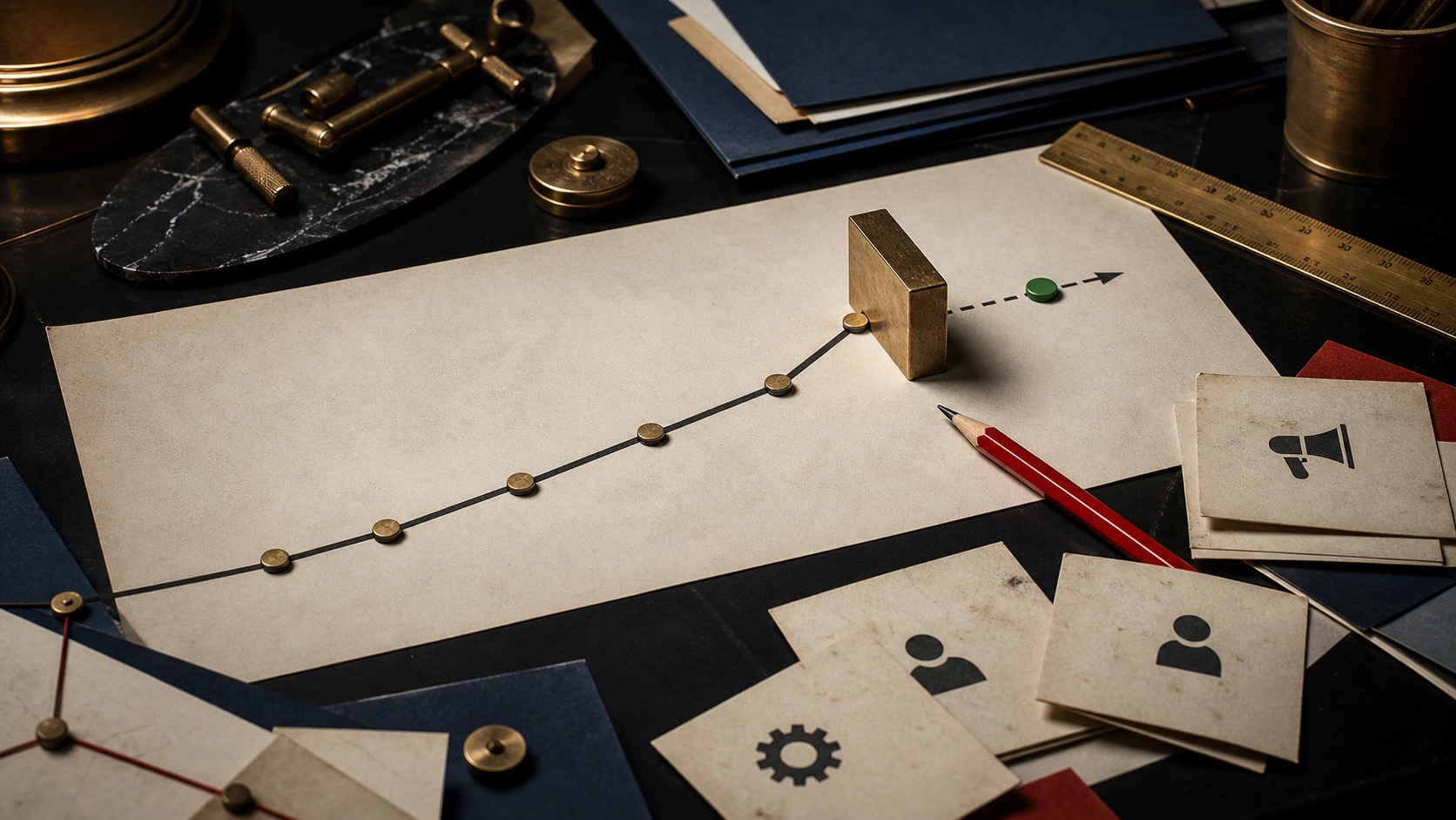 Growth path blocked by a brass constraint while marketing, hiring, and tool cards sit nearby.
