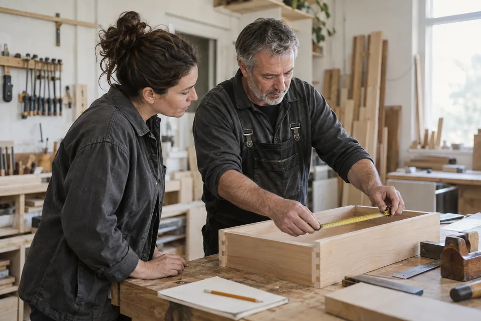 A supervisor watches a craftsperson measure a cabinet component at a workbench.