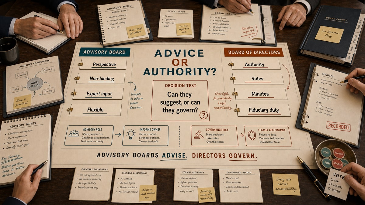 Advisory Board vs Board of Directors comparison dossier.