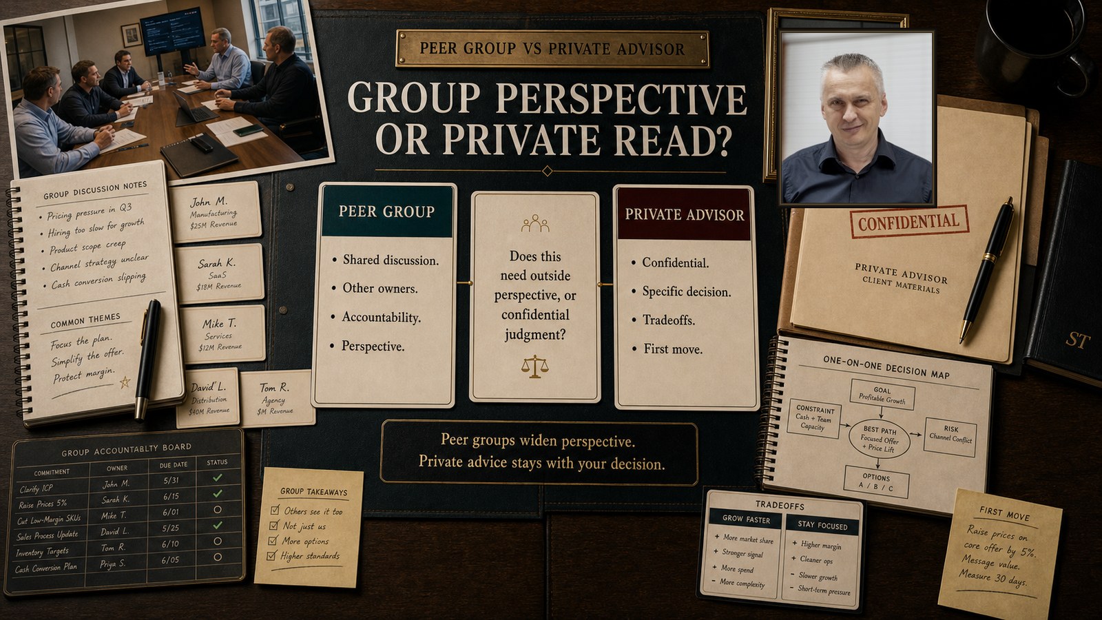 Peer group vs private advisor decision visual with real Stan portrait