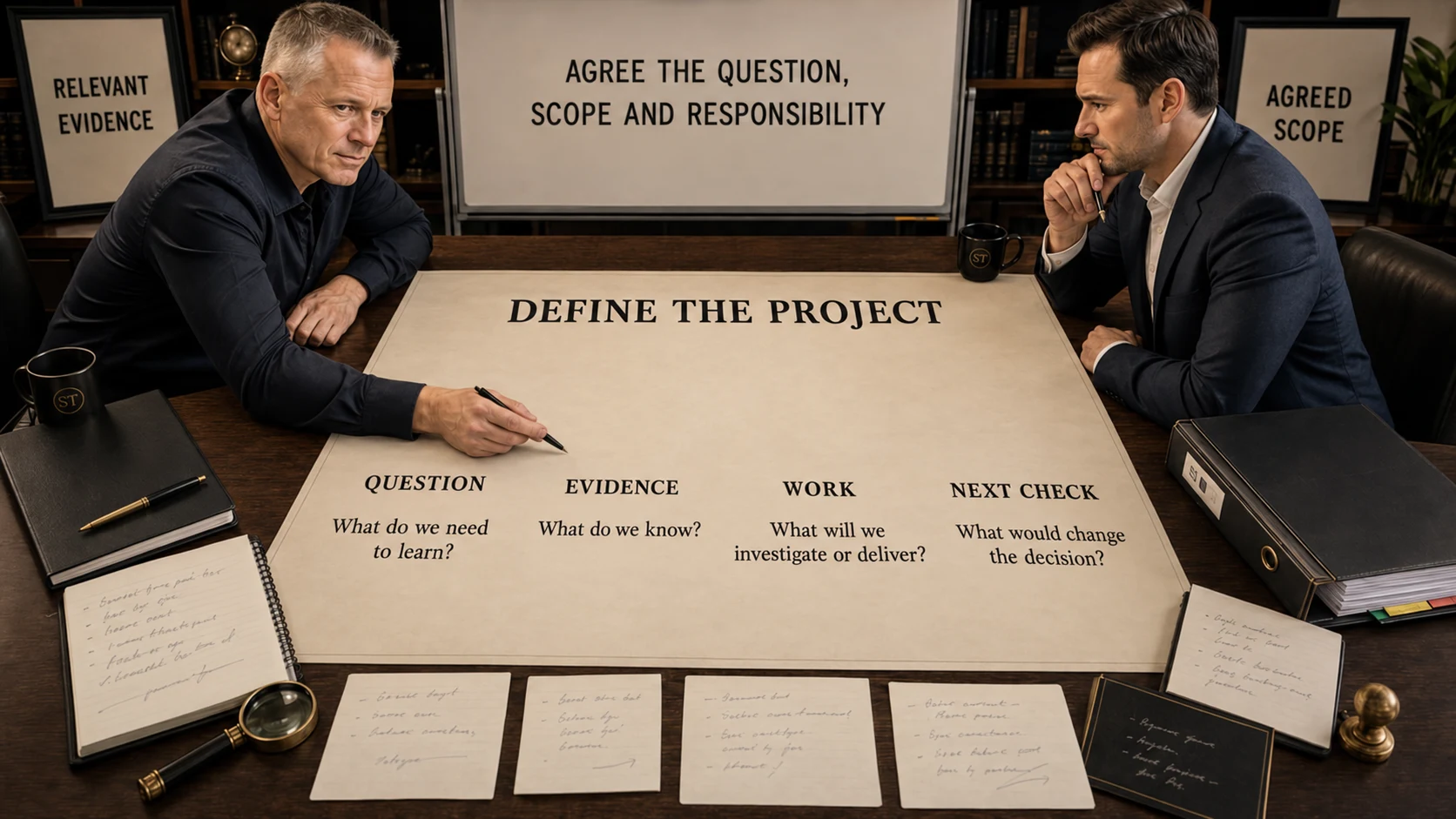 Two people working through a project question, evidence, work and next check.