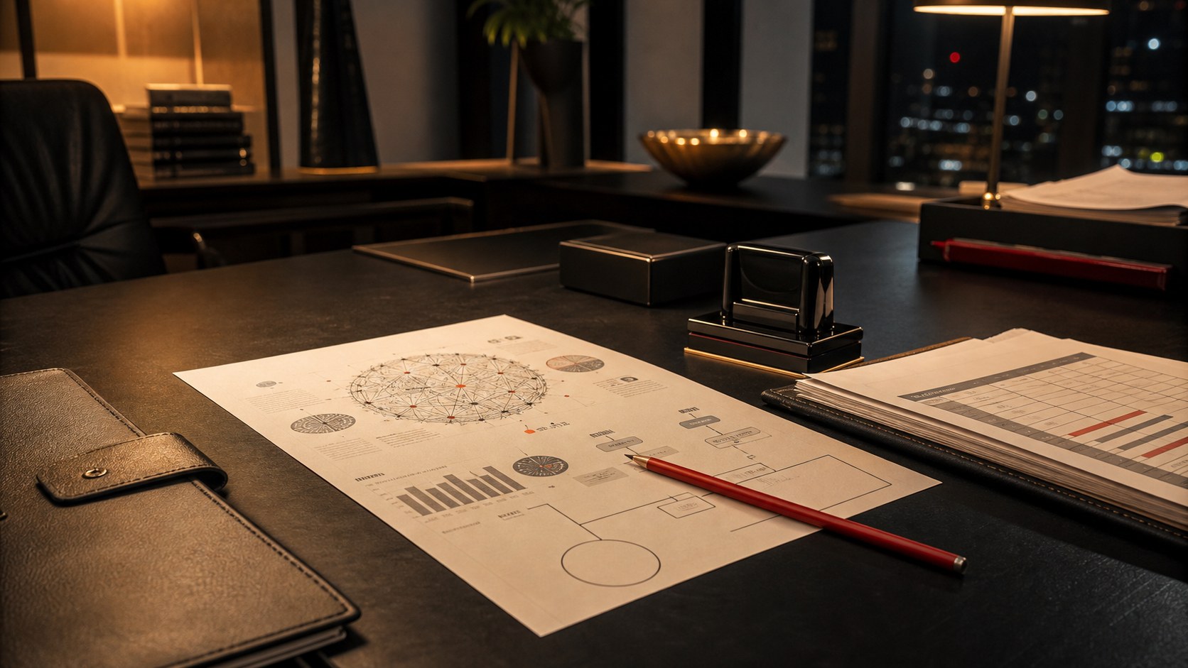AI proposal, approval trail, risk register, and red pencil on an owner's desk.