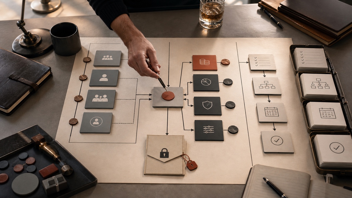 Decision architecture map showing authority, consequence, non-delegable control, and execution waiting behind one owner-level decision.