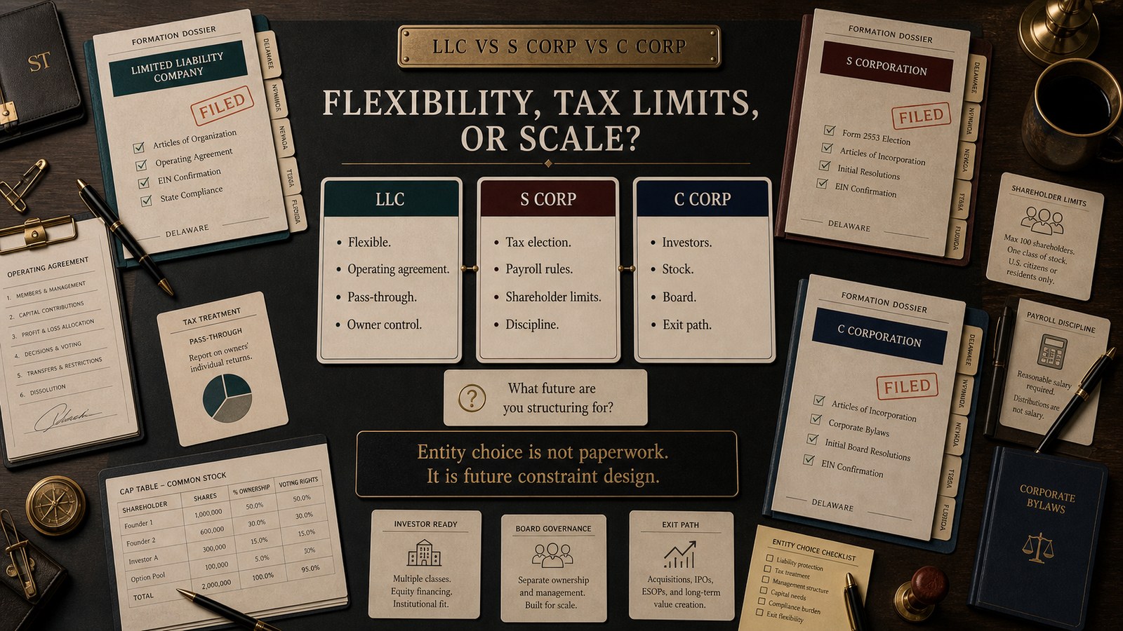 LLC vs S Corp vs C Corp entity choice visual