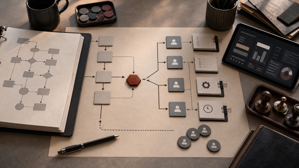 Operations process map showing a documented workflow stalled at an exception point because ownership, authority, and follow-through are missing.
