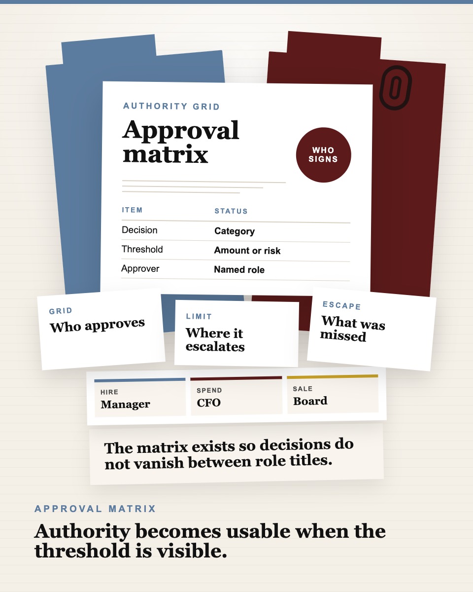 Governance table visual showing an approval matrix grid, decision category columns, and authority threshold rows.