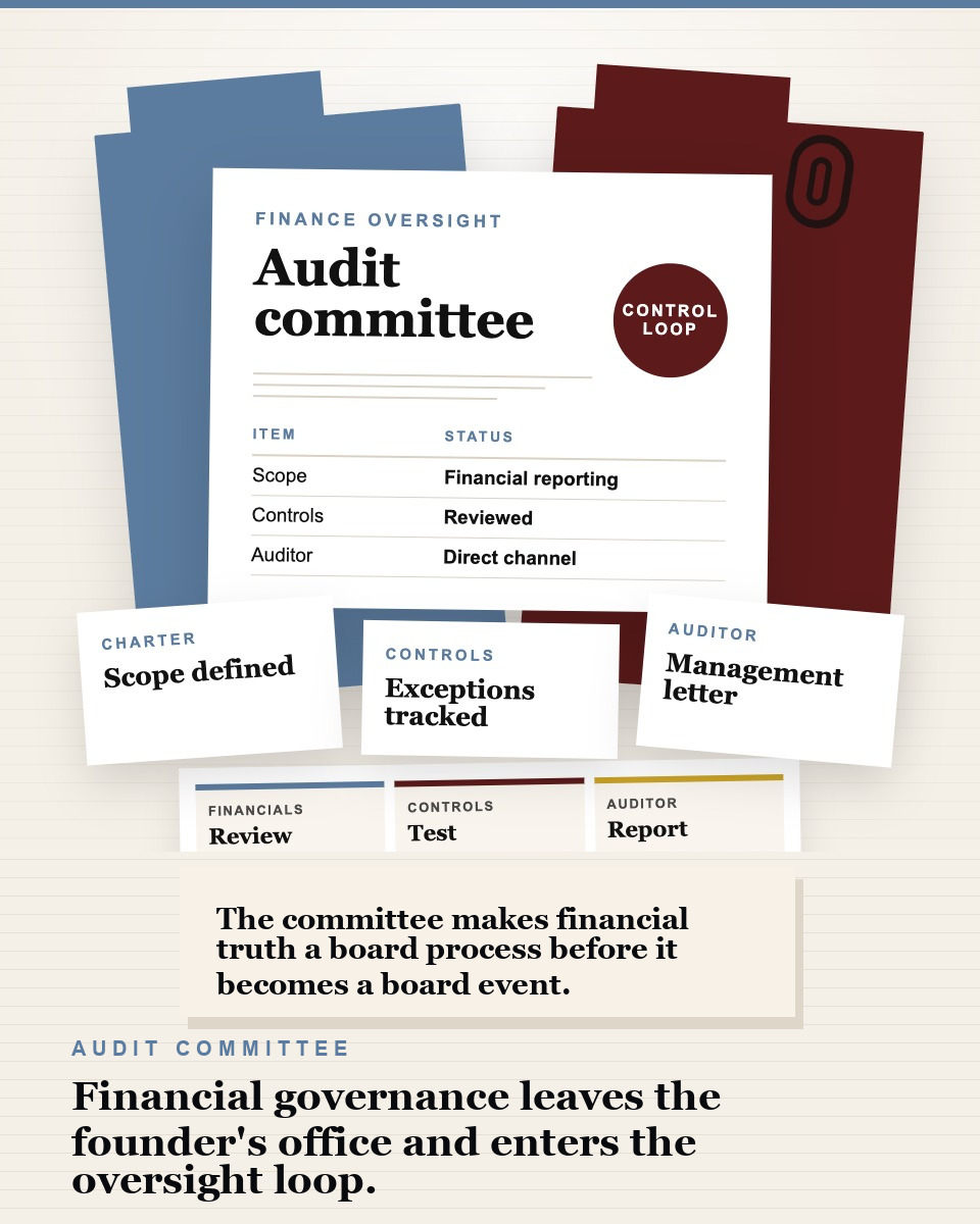 Governance table visual showing an audit committee charter, financial controls checklist, and external auditor management letter.