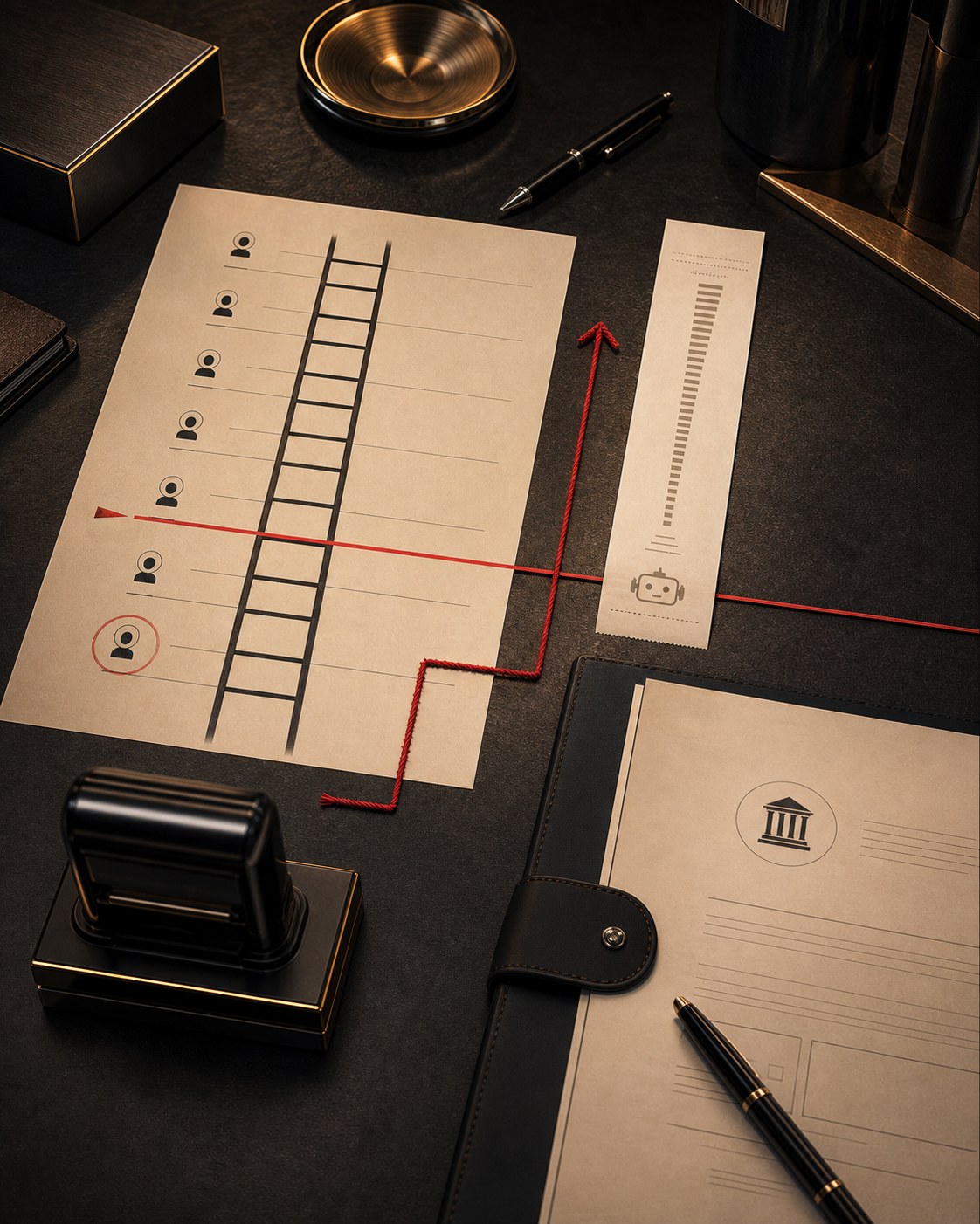 Authorization threshold ladder with AI token receipt crossing a red approval line.