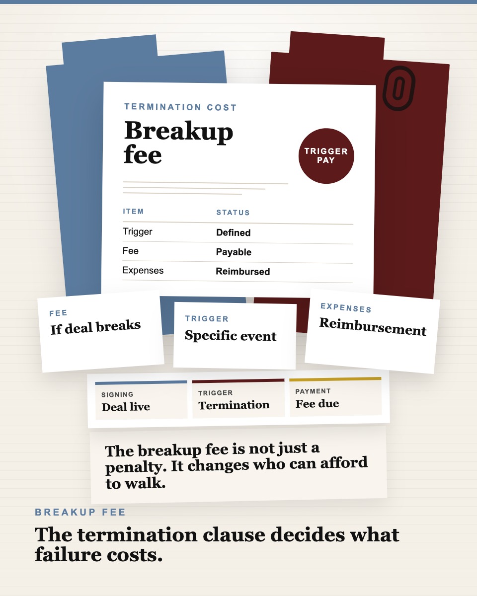 Governance table visual showing a breakup fee clause, termination trigger checklist, and expense reimbursement card.