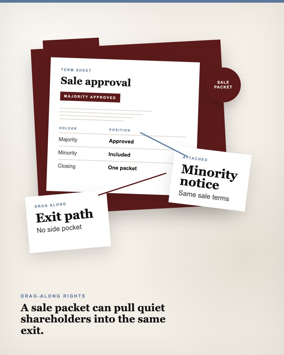 Governance table visual showing a sale approval packet, majority approval note, and minority notice card.