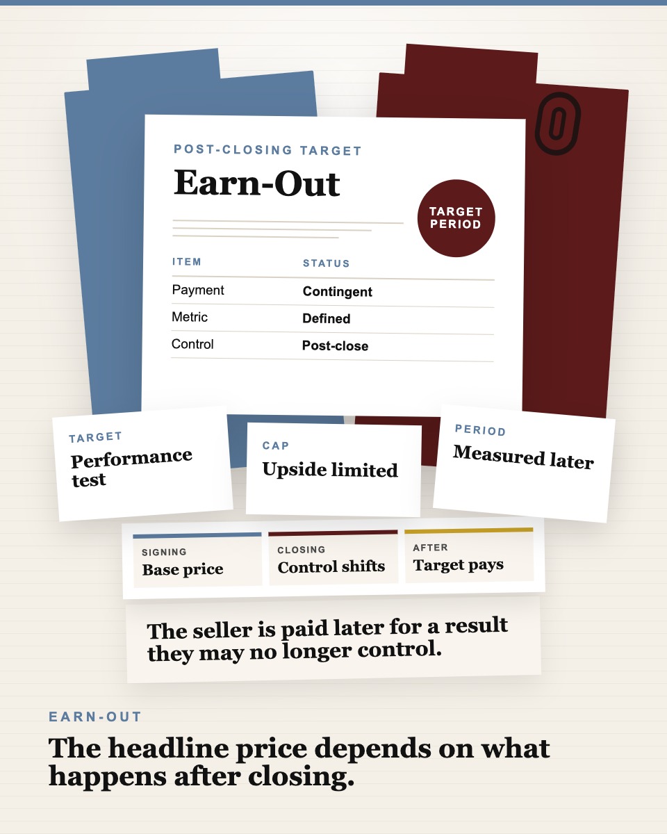 Governance table visual showing an earn-out structure card, performance target tracker, and post-closing measurement period log.