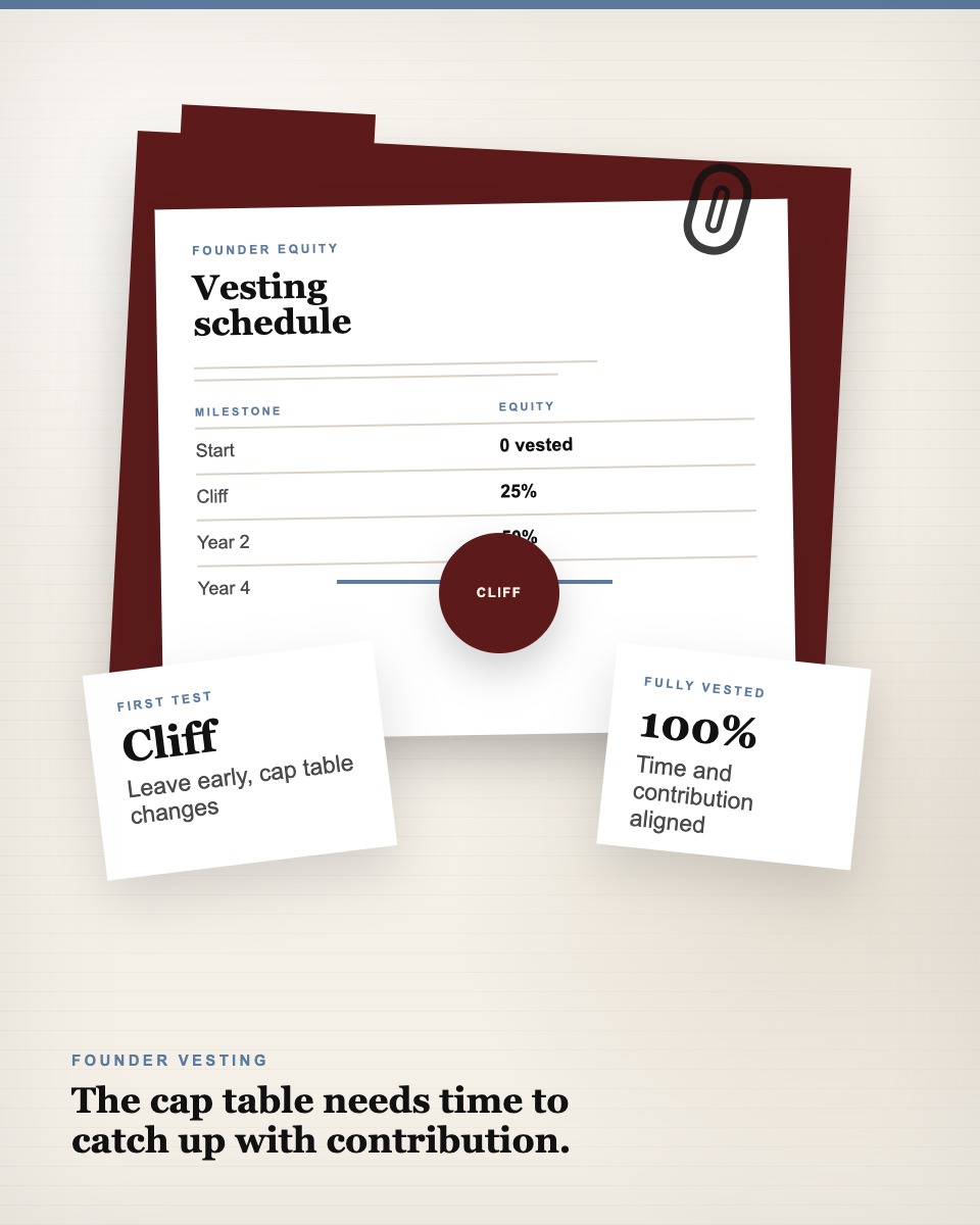 Governance table visual showing a founder vesting schedule with cliff, milestone, and fully vested cards.