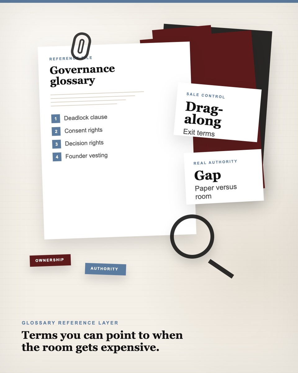 Governance glossary documents arranged on a table with clause cards and authority notes.