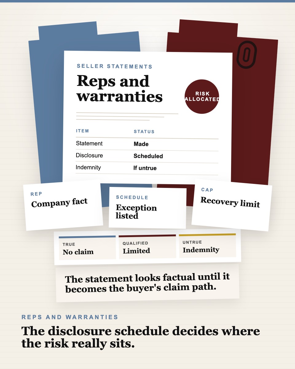 Governance table visual showing a representations and warranties section, disclosure schedule, and indemnification cap card.