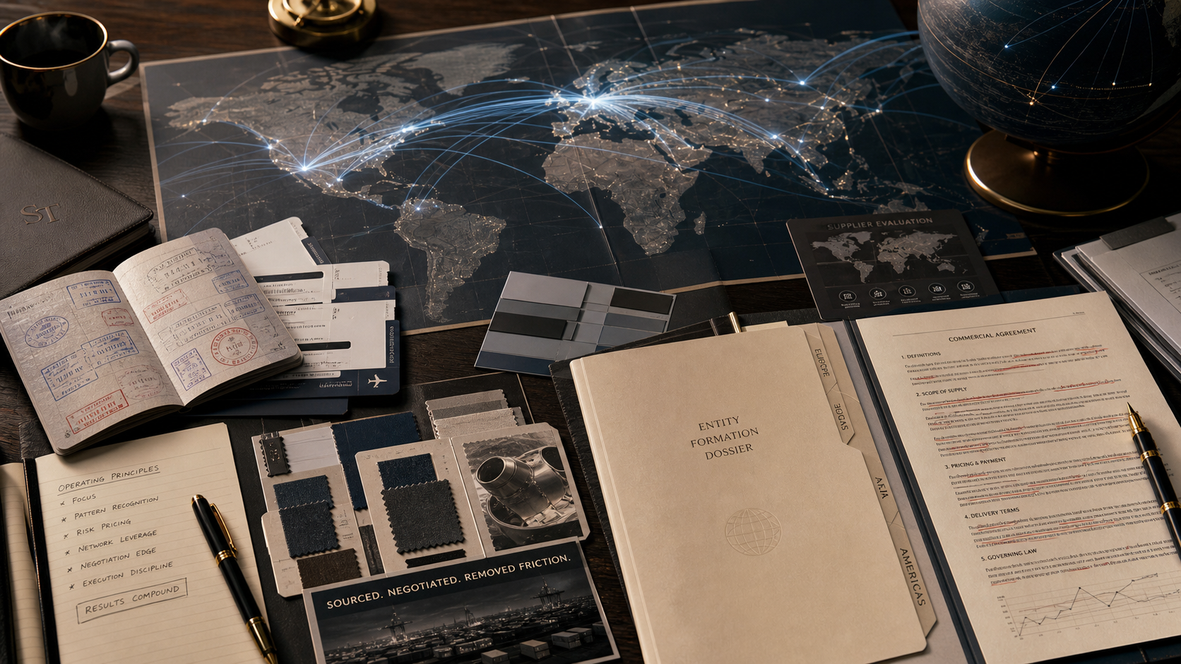 Editorial operating dossier with travel, entity, supplier, and contract materials