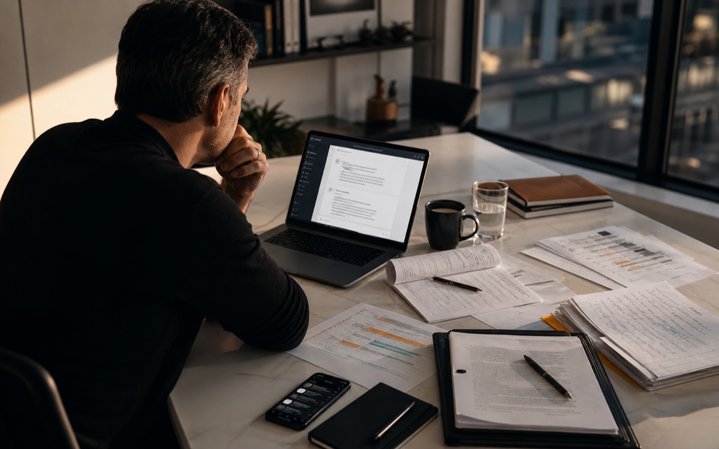 Business owner checking an AI answer while cash flow papers, contract notes, team messages, and pricing marks sit on the desk.
