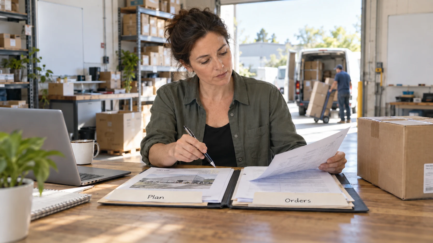 Customer orders and delivery evidence beside an expansion plan with unresolved assumptions.